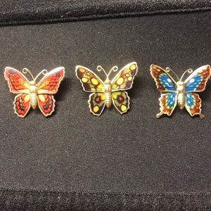 3 Vintage Butterfly Brooches on Gold Tone Metal